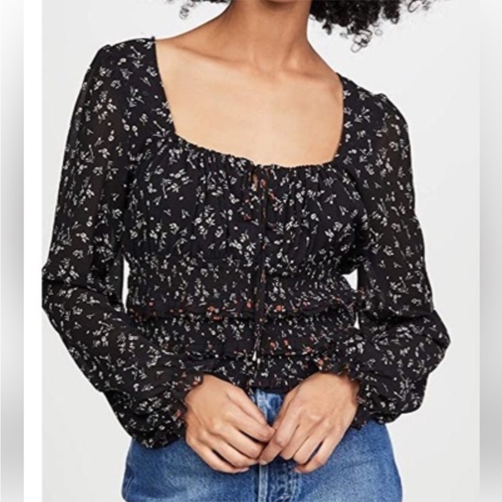 Free People Black Floral Smocked Long Sleeve Blouse
